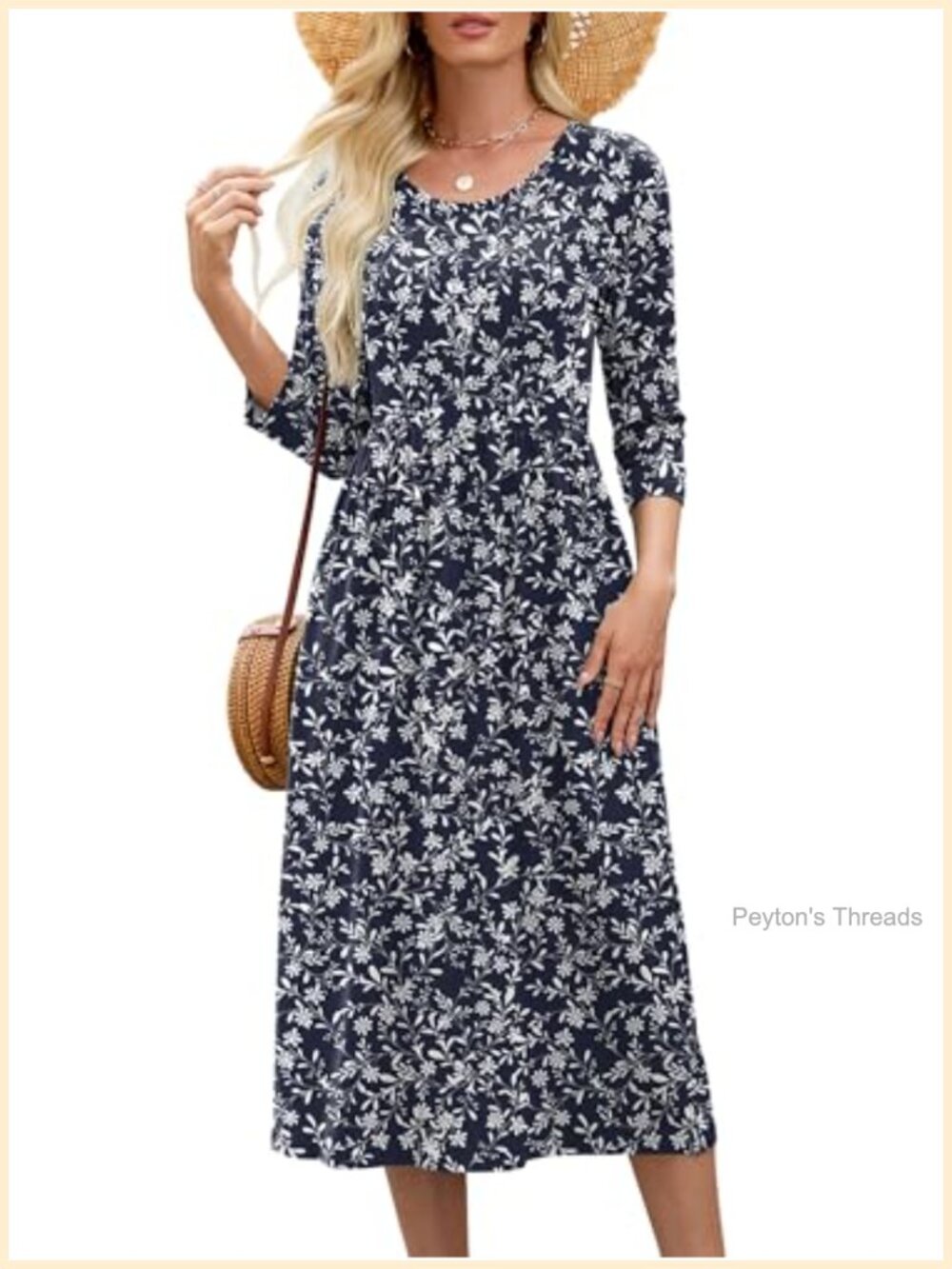 Women 3/4 Sleeve Midi Dress with Pockets A-Line Floral Casual